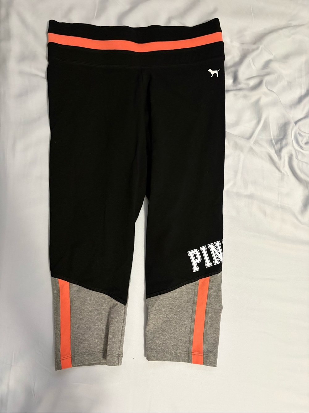 PINK Victoria's Secret Black Capri Leggings with Gray & Coral Accents